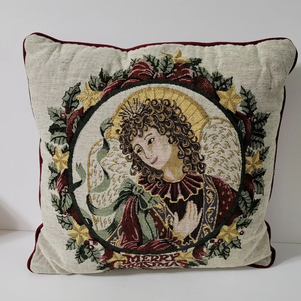 Vintage Tapestry Merry Christmas Angel Throw Pillow